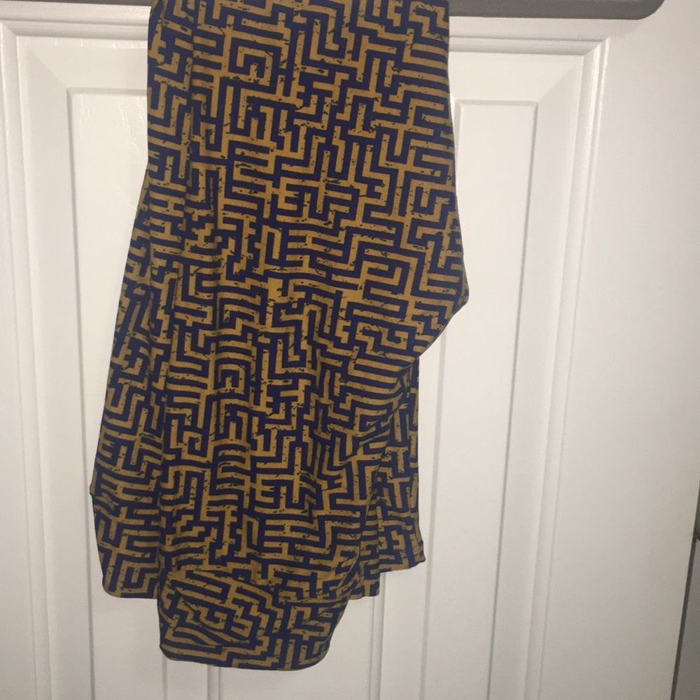 LuLaRoe OS Leggings Womens One Size Blue Gold Geometric Maze Pattern Labyrinth